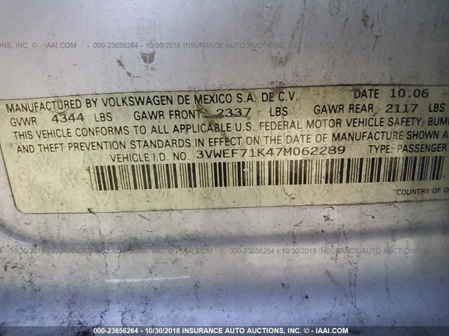 3VWEF71K47M062289 - 2007 VOLKSWAGEN JETTA WOLFSBURG 银色 照片 9