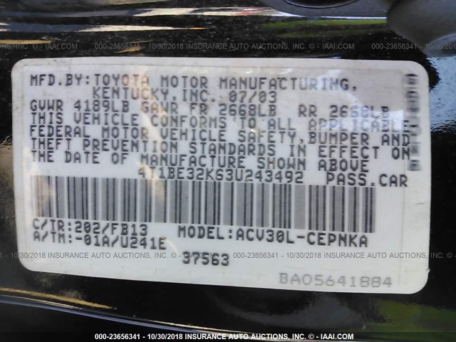 4T1BE32K63U243492 - 2003 TOYOTA CAMRY LE/XLE/SE BLACK photo 9