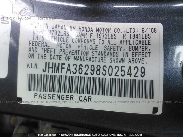 JHMFA36298S025429 - 2008 HONDA CIVIC HYBRID BLUE photo 9