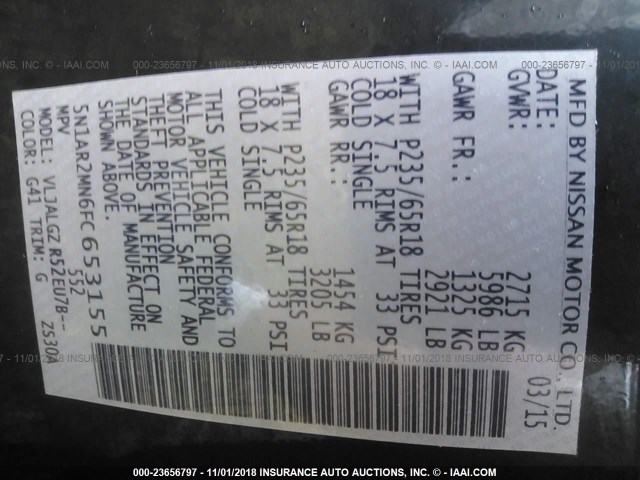 5N1AR2MN6FC653155 - 2015 NISSAN PATHFINDER S/SV/SL/PLATINUM BLACK photo 9