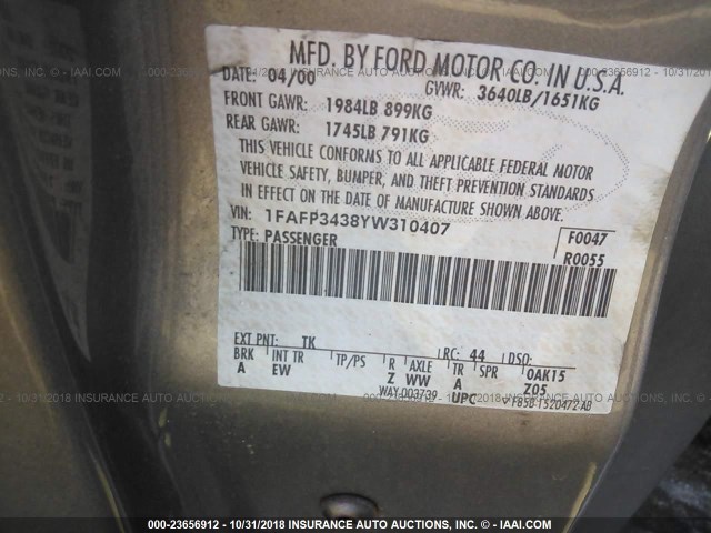 1FAFP3438YW310407 - 2000 FORD FOCUS SE/SE SPORT Pewter photo 9