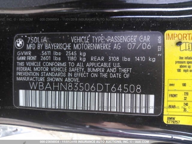 WBAHN83506DT64508 - 2006 BMW 750 LI BLACK photo 9