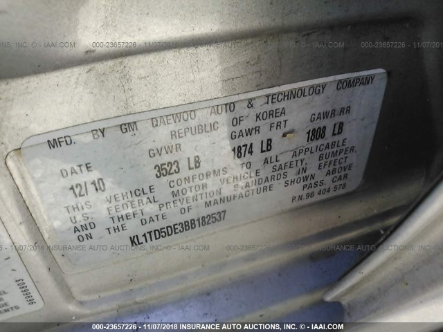 KL1TD5DE3BB182537 - 2011 CHEVROLET AVEO LS/LT Күміс фото 9