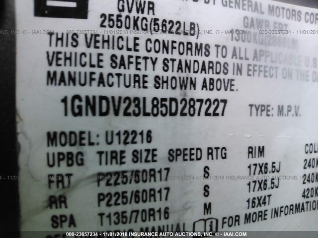 1GNDV23L85D287227 - 2005 CHEVROLET UPLANDER LS BROWN photo 9