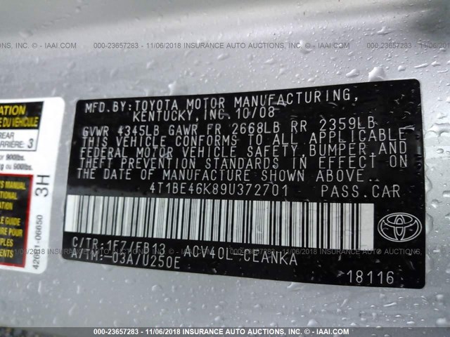 4T1BE46K89U372701 - 2009 TOYOTA CAMRY SE/LE/XLE SILVER photo 9