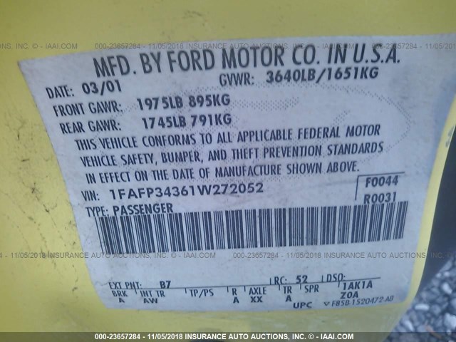 1FAFP34361W272052 - 2001 FORD FOCUS SE/SE SPORT YELLOW photo 9