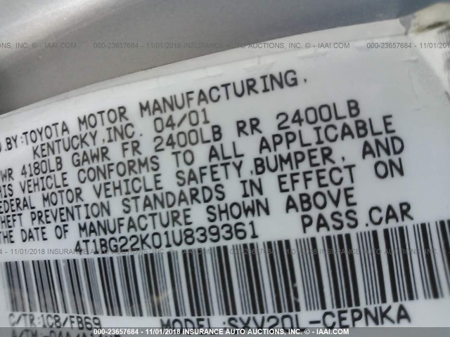 4T1BG22K01U839361 - 2001 TOYOTA CAMRY CE/LE/XLE 银色 照片 9