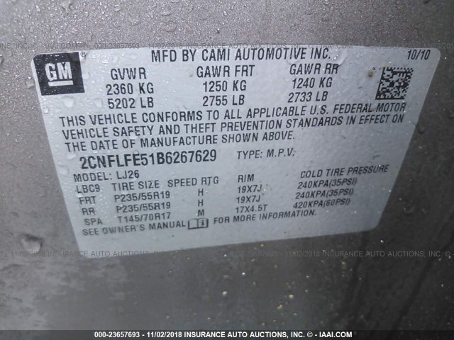 2CNFLFE51B6267629 - 2011 CHEVROLET EQUINOX LTZ Pewter photo 9