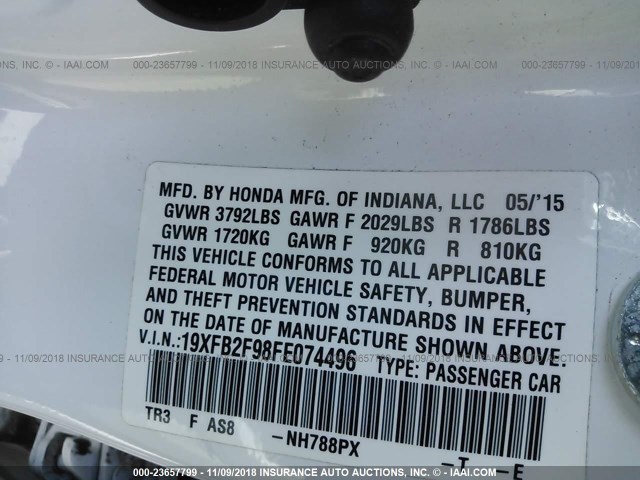 19XFB2F98FE074496 - 2015 HONDA CIVIC EXL 白色 照片 9