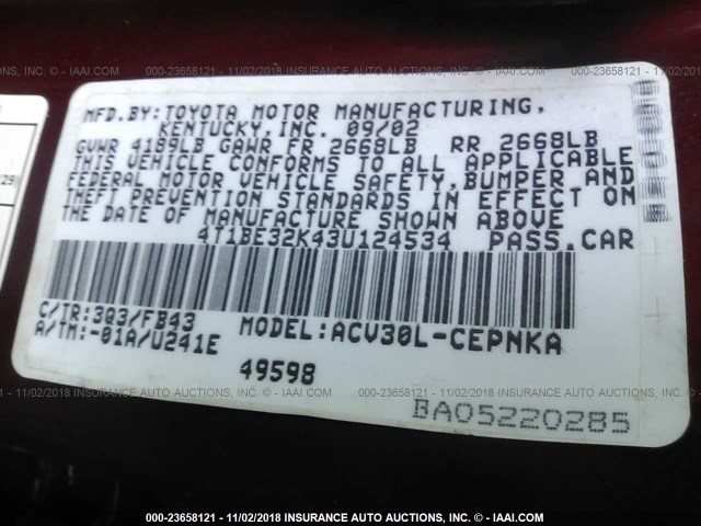 4T1BE32K43U124534 - 2003 TOYOTA CAMRY LE/XLE/SE RED photo 9