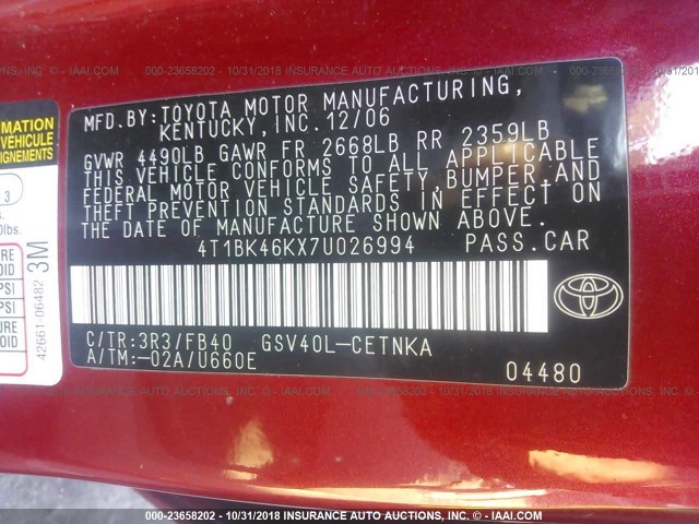 4T1BK46KX7U026994 - 2007 TOYOTA CAMRY NEW GENERAT LE/XLE/SE RED photo 9