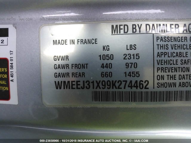 WMEEJ31X99K274462 - 2009 SMART FORTWO PURE/PASSION RED photo 9