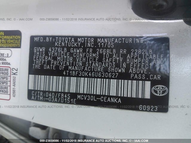4T1BF30K46U630627 - 2006 TOYOTA CAMRY LE/XLE/SE WHITE photo 9
