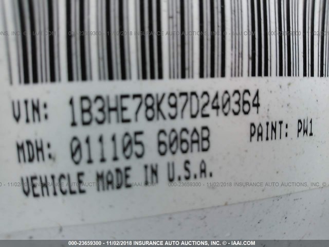 1B3HE78K97D240364 - 2007 DODGE CALIBER R/T WHITE photo 9