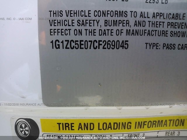 1G1ZC5E07CF269045 - 2012 CHEVROLET MALIBU 1LT WHITE photo 9