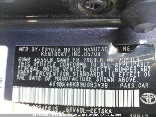 4T1BK46K89U083438 - 2009 TOYOTA CAMRY SE/LE/XLE შავი ფოტო 9