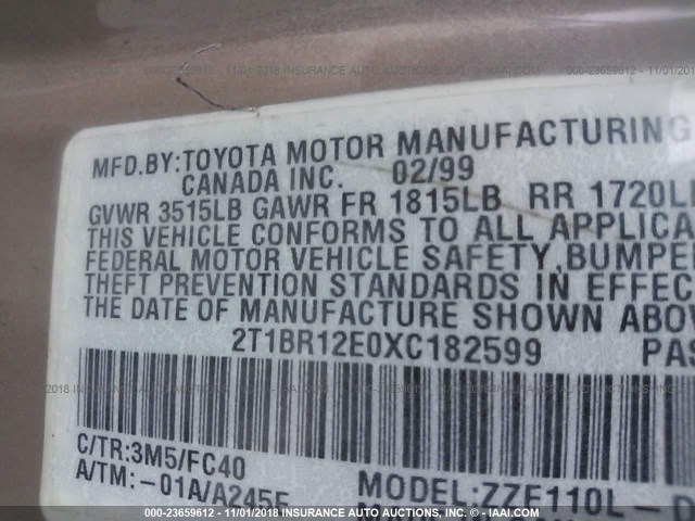 2T1BR12E0XC182599 - 1999 TOYOTA COROLLA VE/CE/LE 棕色 照片 9