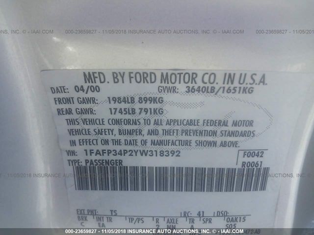 1FAFP34P2YW318392 - 2000 FORD FOCUS SE/SE COMFORT SILVER photo 9