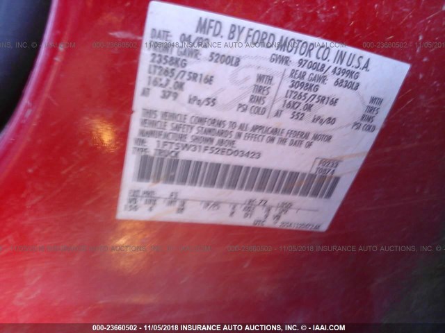 1FTSW31F52ED03423 - 2002 FORD F350 SRW SUPER DUTY RED photo 9