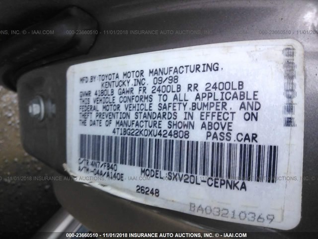 4T1BG22K0XU424808 - 1999 TOYOTA CAMRY CE/LE/XLE 米色 照片 9