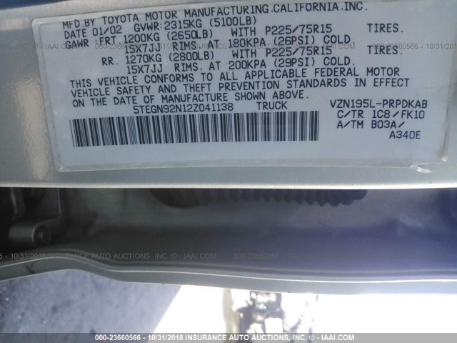 5TEGN92N12Z041138 - 2002 TOYOTA TACOMA DOUBLE CAB PRERUNNER SILVER photo 9