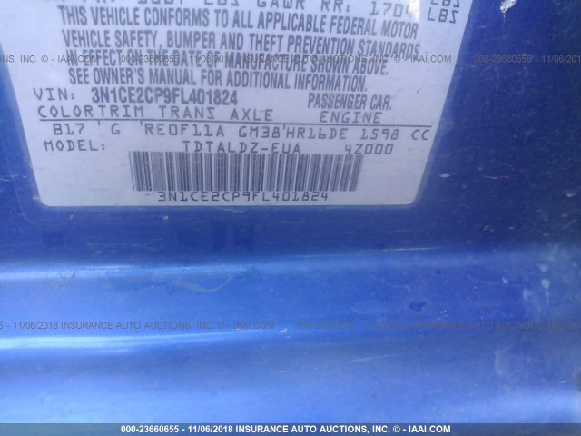 3N1CE2CP9FL401824 - 2015 NISSAN VERSA NOTE S/S PLUS/SV/SL/SR BLUE photo 9