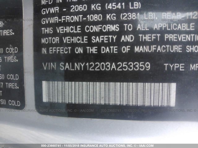 SALNY12203A253359 - 2003 LAND ROVER FREELANDER SE SILVER photo 9