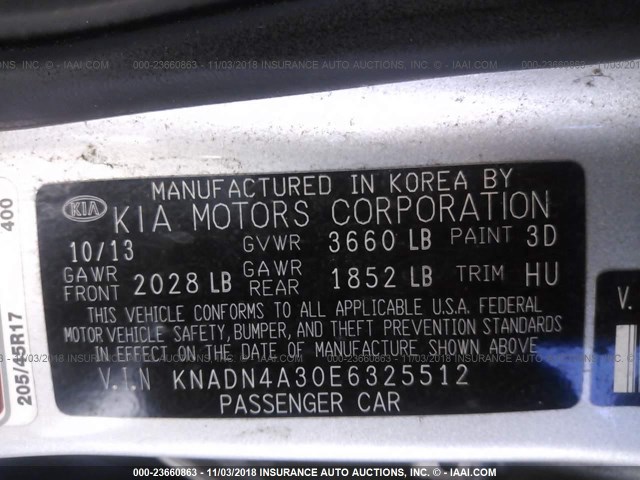 KNADN4A30E6325512 - 2014 KIA RIO EX SILVER photo 9