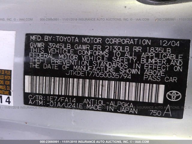 JTKDE177050035794 - 2005 TOYOTA SCION TC ვერცხლისფერი ფოტო 9