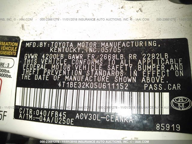 4T1BE32K05U611152 - 2005 TOYOTA CAMRY LE/XLE/SE WHITE photo 9