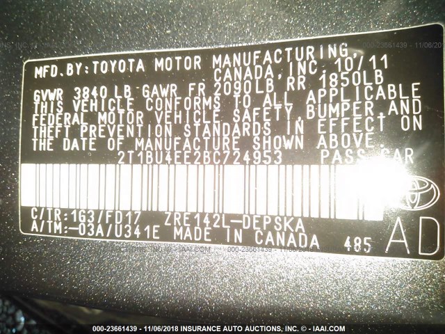 2T1BU4EE2BC724953 - 2011 TOYOTA COROLLA S/LE GRAY photo 9