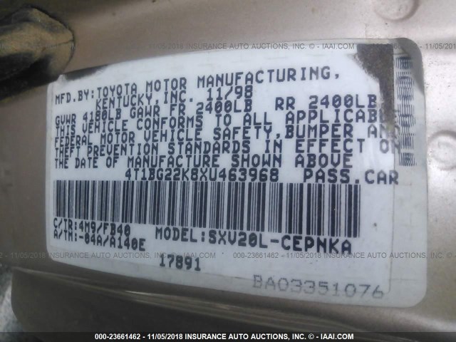 4T1BG22K8XU463968 - 1999 TOYOTA CAMRY CE/LE/XLE 金色 照片 9