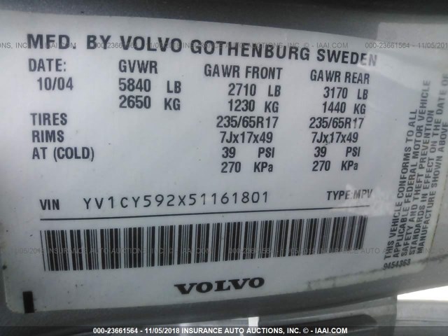 YV1CY592X51161801 - 2005 VOLVO XC90 SILVER photo 9