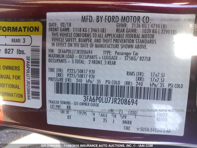 3FA6P0LU7JR208694 - 2018 FORD FUSION SE HYBRID RED photo 9