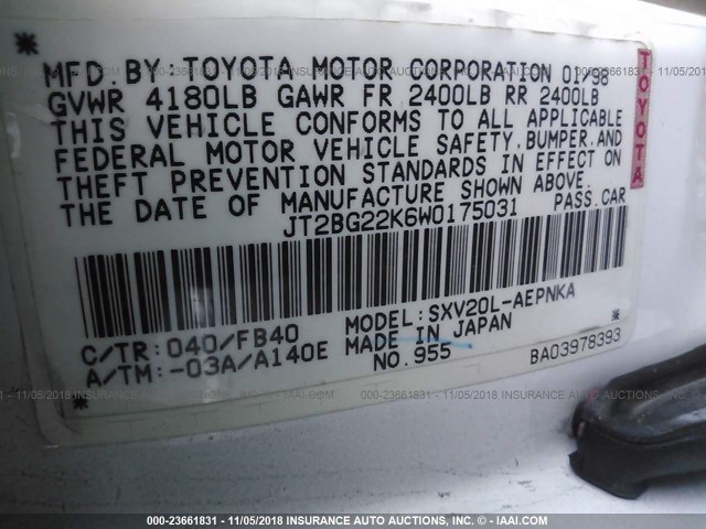 JT2BG22K6W0175031 - 1998 TOYOTA CAMRY CE/LE/XLE 白色 照片 9