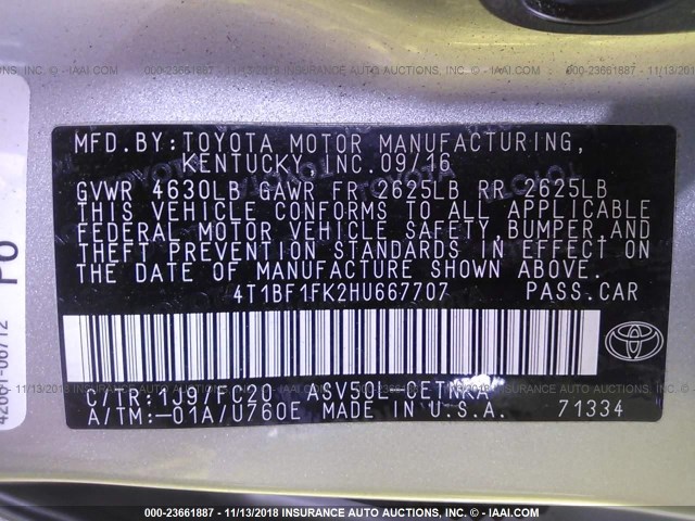 4T1BF1FK2HU667707 - 2017 TOYOTA CAMRY LE/XLE/SE/XSE 银色 照片 9