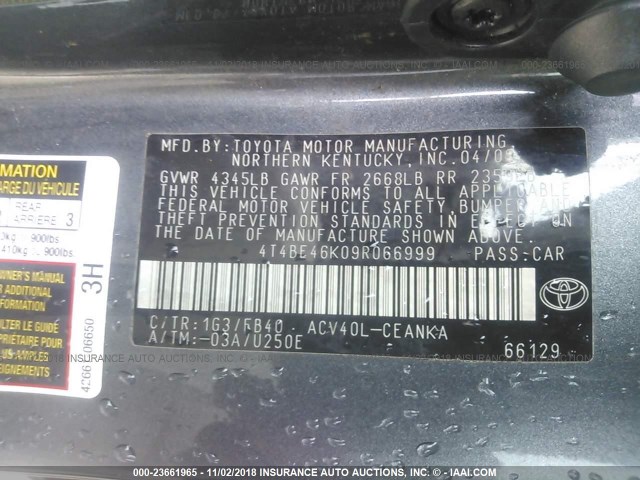 4T4BE46K09R066999 - 2009 TOYOTA CAMRY SE/LE/XLE GRAY photo 9