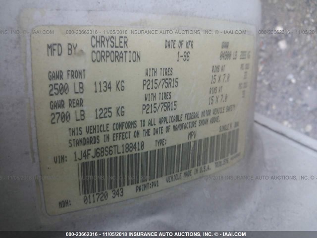 1J4FJ68S6TL188410 - 1996 JEEP CHEROKEE SPORT/CLASSIC თეთრი ფოტო 9