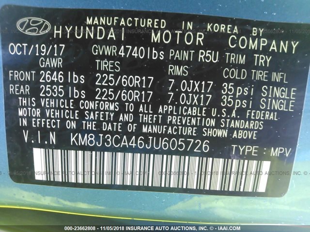 KM8J3CA46JU605726 - 2018 HYUNDAI TUCSON SEL/SEL PLUS BLUE photo 9