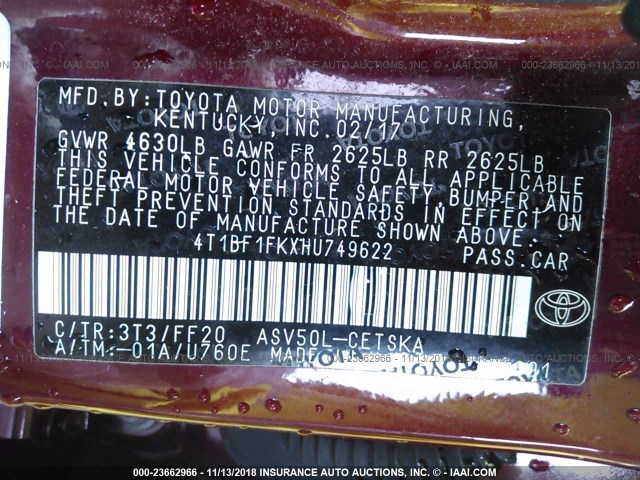 4T1BF1FKXHU749622 - 2017 TOYOTA CAMRY LE/XLE/SE/XSE RED photo 9