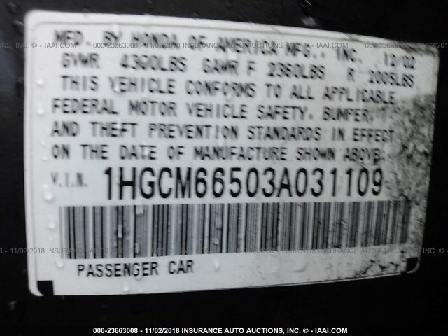 1HGCM66503A031109 - 2003 HONDA ACCORD EX GRAY photo 9