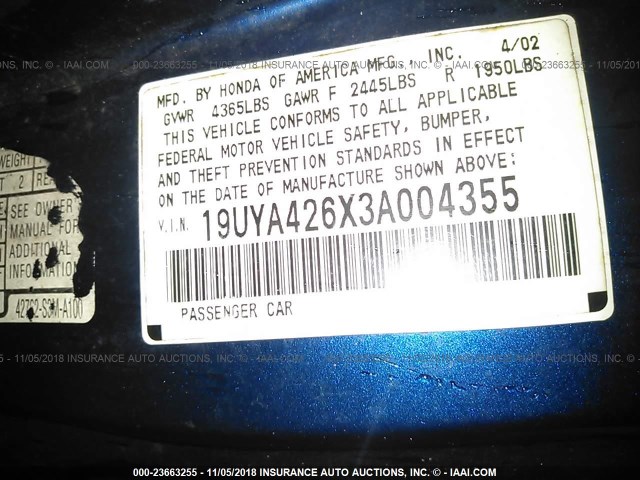 19UYA426X3A004355 - 2003 ACURA 3.2CL TYPE-S BLUE photo 9