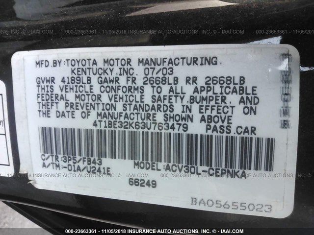 4T1BE32K63U763479 - 2003 TOYOTA CAMRY LE/XLE/SE PURPLE photo 9