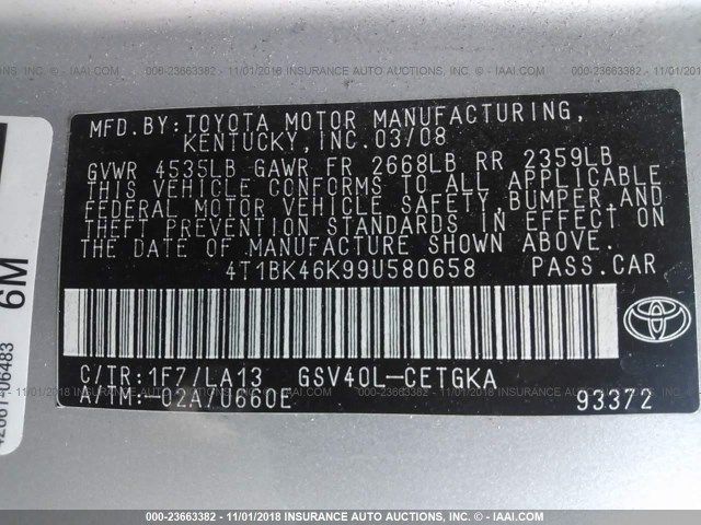 4T1BK46K99U580658 - 2009 TOYOTA CAMRY SE/LE/XLE 银色 照片 9