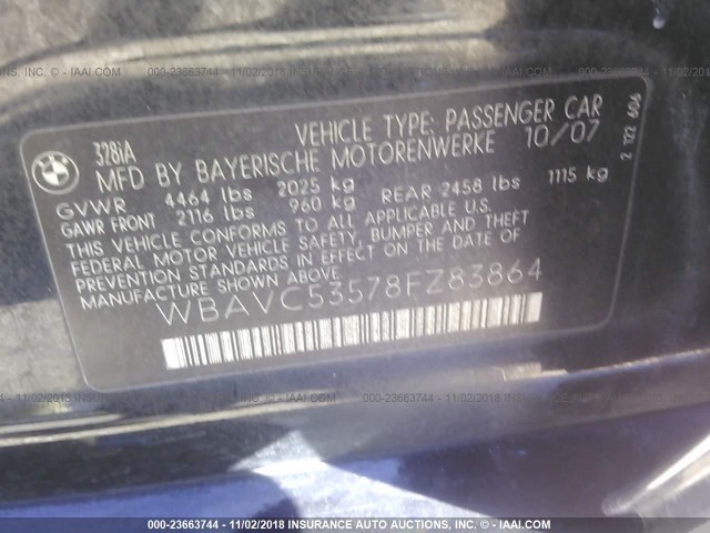 WBAVC53578FZ83864 - 2008 BMW 328 I SULEV BLACK photo 9