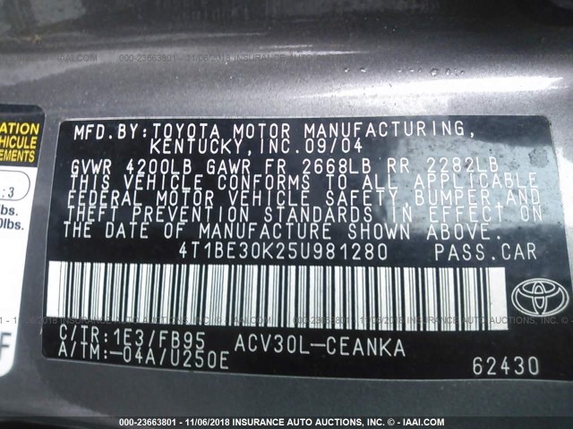 4T1BE30K25U981280 - 2005 TOYOTA CAMRY LE/XLE/SE 灰色 照片 9