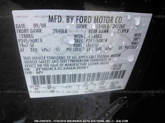 2FMDK3JC3ABA36881 - 2010 FORD EDGE SEL BLACK photo 9