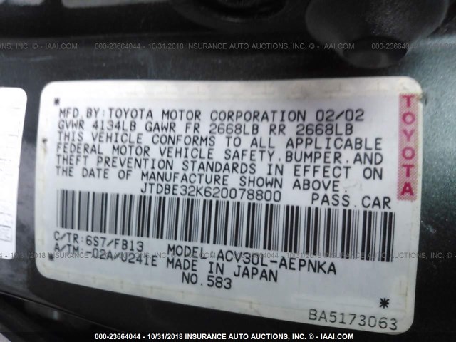 JTDBE32K620078800 - 2002 TOYOTA CAMRY LE/XLE/SE GREEN photo 9