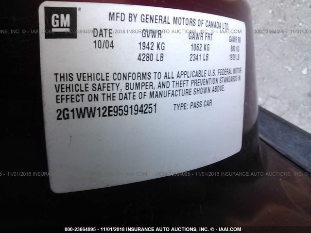 2G1WW12E959194251 - 2005 CHEVROLET MONTE CARLO LS მუქწითელი ფოტო 9