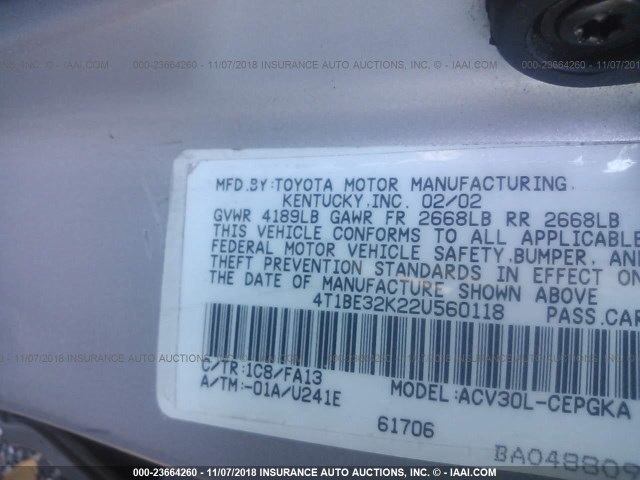 4T1BE32K22U560118 - 2002 TOYOTA CAMRY LE/XLE/SE SILVER photo 9